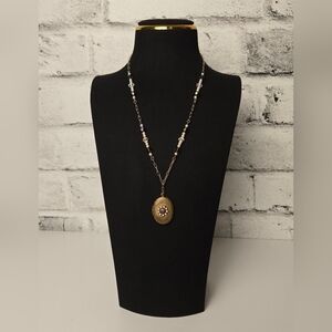 Vintage Gold-Tone Floral Locket Necklace Pearls & AB Crystals Paperclip Chain